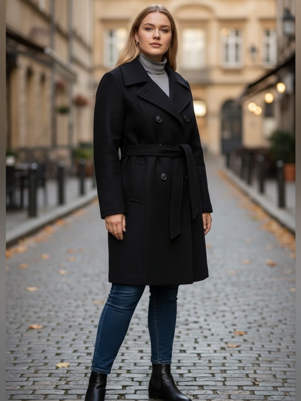 Apostrophe Black Double-Breasted Belted Wool-Blend Pea Coat